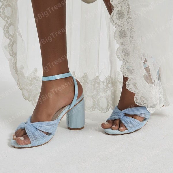 Blue Tulle Block Heels, Bow Wedding Sandals, Blue Bridal Shoes, Women Wedding Shoes, Wedding Heels, Bridemaid Shoes, Wedding Gift