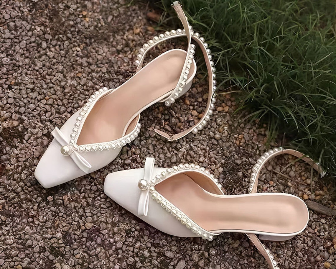 Pearl Wedding Sandals White Block HeelsHandmade Bridal image 1