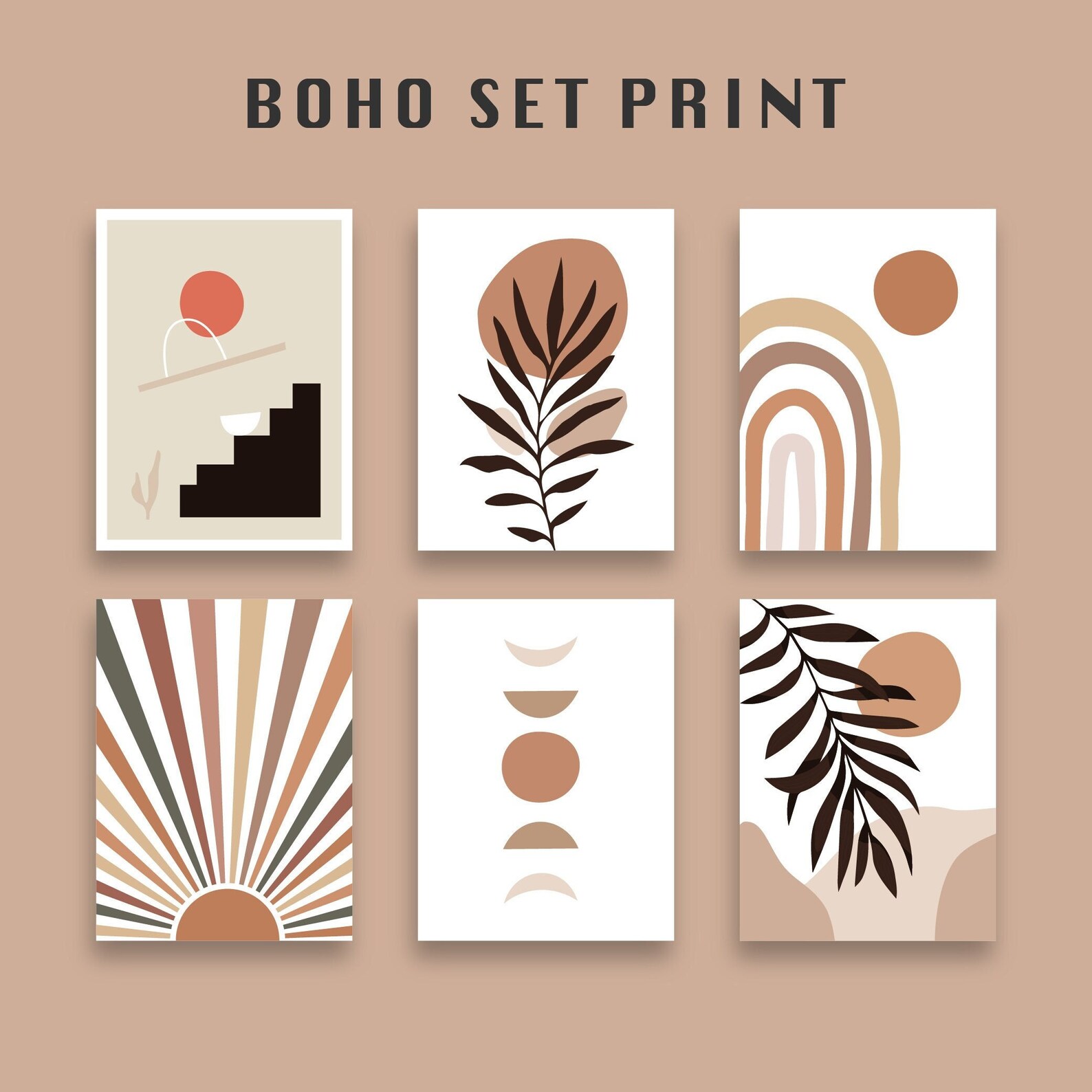 Boho Art Set of 6 Prints Abstract Gallery Wall Set Boho Wall Etsy