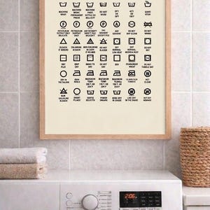 Puede incluir: Un p&oacute;ster enmarcado con una gu&iacute;a de lavander&iacute;a, fondo beige y marco de madera. El p&oacute;ster muestra varios s&iacute;mbolos e instrucciones de lavander&iacute;a. Una lavadora y toallas est&aacute;n en primer plano.