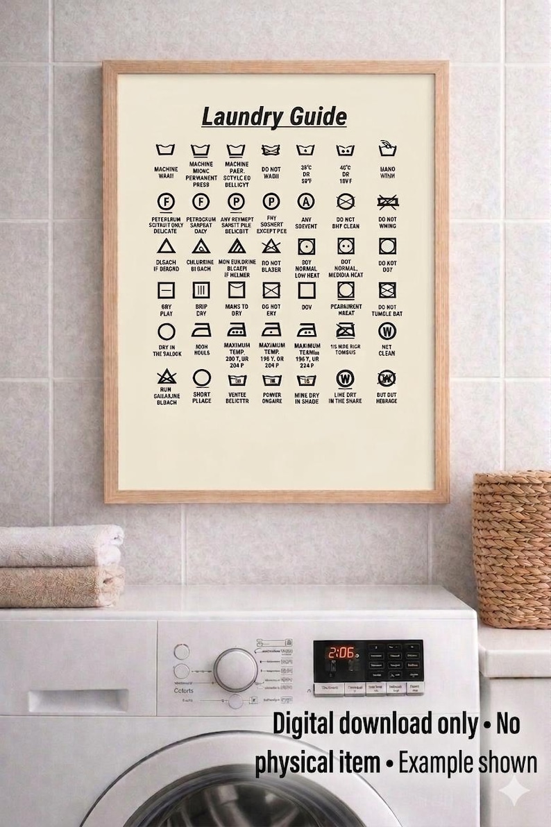 Puede incluir: Un p&oacute;ster enmarcado con una gu&iacute;a de lavander&iacute;a, fondo beige y marco de madera. El p&oacute;ster muestra varios s&iacute;mbolos e instrucciones de lavander&iacute;a. Una lavadora y toallas est&aacute;n en primer plano.
