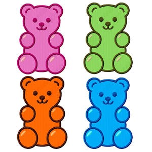 May include: Four gummy bear shaped plush toys in different colours: pink, green, orange, and blue. Each bear has a simple smiling face.