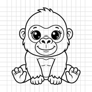 Könnte beinhalten: Eine schwarz-weiße Strichzeichnung eines sitzenden Baby-Gorillas. Die Figur hat große, ausdrucksstarke Augen mit langen Wimpern, eine kleine Nase und ein sanftes Lächeln. Die Zeichnung ist vor einem einfachen Gitterhintergrund dargestellt.