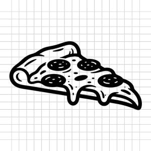 Könnte beinhalten: Eine schwarz-weiße Strichzeichnung eines einzelnen Stücks Pepperoni-Pizza. Das Stück zeigt einen dicken Rand, geschmolzenen Käse mit sichtbaren Tropfen und vier kreisförmige Pepperoni-Beläge auf der Oberfläche.