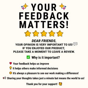 Puede incluir: Gr&aacute;fico color crema con el texto "YOUR FEEDBACK MATTERS!" en letras negras en negrita. Cinco estrellas doradas est&aacute;n debajo. El texto explica por qu&eacute; la retroalimentaci&oacute;n es importante y agradece al espectador su apoyo.