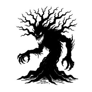 May include: A black silhouette illustration of a menacing tree creature with a gnarled, branch-like head, sharp pointed teeth, and glowing white eyes. The figure has long, clawed arms and a thick, rooted trunk base against a plain white background.