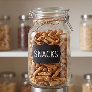 May include: A clear glass jar with a metal wire bail and lever closure, filled with assorted brown crunchy snacks. A black label with the white text "SNACKS" is attached to the front, and a thin brown twine bow is tied around the neck.