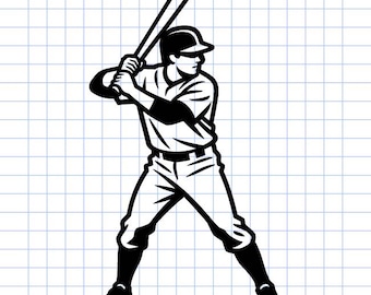 Könnte beinhalten: Eine schwarz-weiße grafische Illustration eines Baseballspielers in Schlagposition, der eine Kappe, ein Trikot und eine Hose trägt und einen Baseballschläger über der Schulter hält, vor einem Hintergrund aus blauen Gitterlinien.