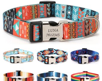 Personalized Dog Collar Leash Set, Custom Pet Collar with buckle boy girl Adjustable Engraved Name ID Plate Personalize Tribal Pattern