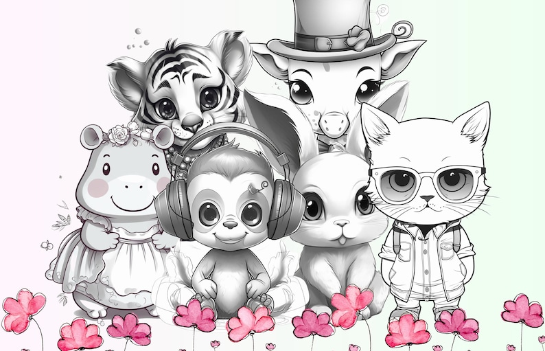 Cute Kawaii Chibi Animals Coloring Page Black And White Creative Fabrica