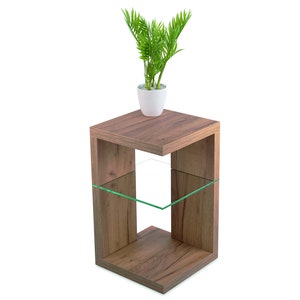 May include: A wooden end table with a glass shelf and a potted plant on top. The table is brown and has a square shape.