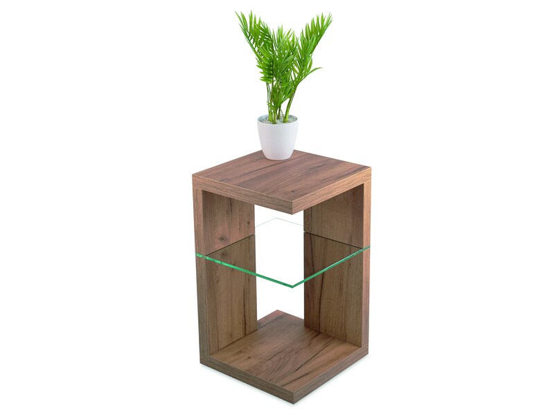 May include: A wooden end table with a glass shelf and a potted plant on top. The table is brown and has a square shape.