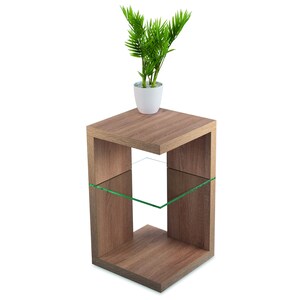 May include: A light brown wooden end table with a glass shelf. The table has a square top and a rectangular base. A small potted plant is on the top shelf.