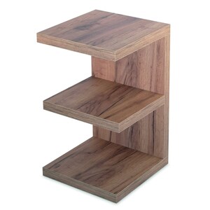 Puede incluir: Una mesa auxiliar de madera con tres estantes. Los estantes son de madera marr&oacute;n claro con un patr&oacute;n de veta de madera. La mesa es de estilo moderno.