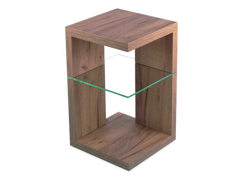 May include: A wooden end table with a glass shelf. The table has a brown wood finish and a square shape.