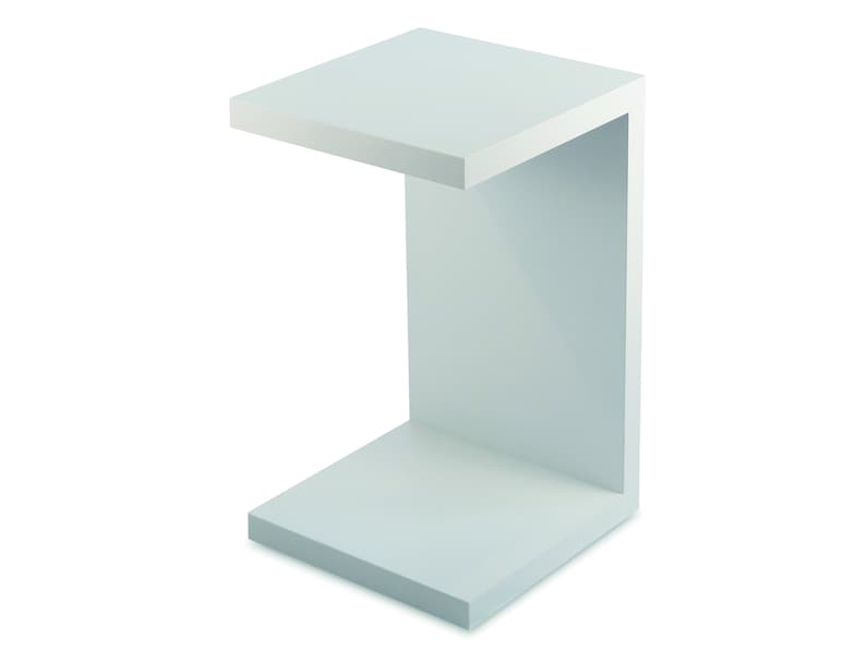 May include: White C-shaped shelf unit with a flat top and bottom shelf. The shelf is made of a smooth, white material.