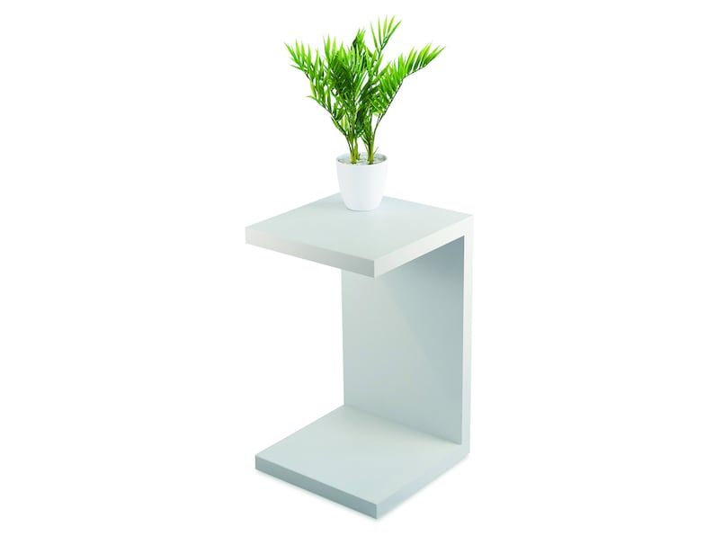 May include: White C-shaped side table with a small potted plant on top. The table has a white top and a white base.