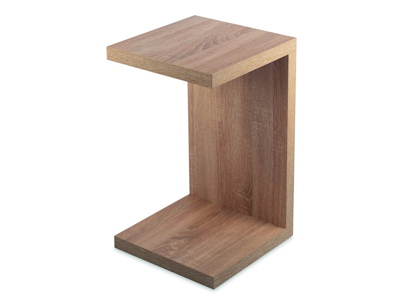 May include: A wooden C-shaped side table with a light brown finish.