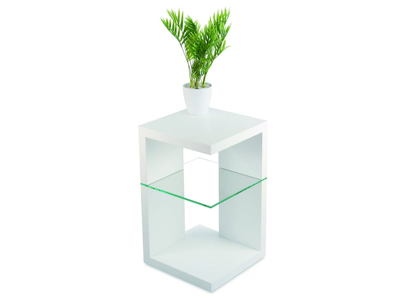 May include: White end table with a glass shelf and a plant in a white pot on the top shelf.