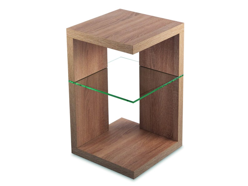May include: A wooden end table with a glass shelf. The table has a light brown finish and a square shape.