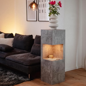 Könnte beinhalten: Ein grauer Sockel in Betonoptik mit eingebautem Regal und warmer Beleuchtung. Oben steht eine weiße Vase mit rosa Blumen. Der Sockel steht neben einem dunkelgrauen Sofa und einem schwarzen Teppich. Eine Pendelleuchte hängt darüber.