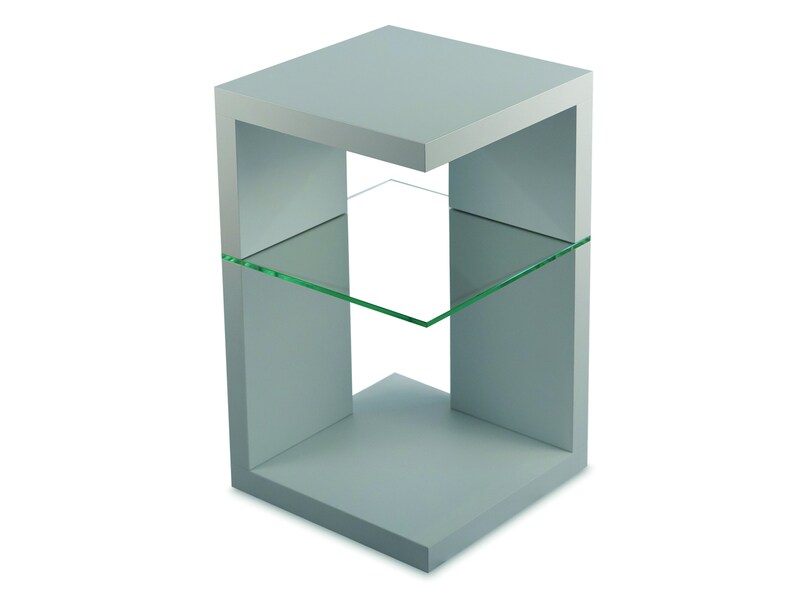May include: A gray side table with a glass shelf. The table has a square top and a rectangular base.