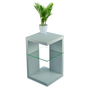 May include: A gray side table with a glass shelf. The table has a square base and a rectangular top. A small potted plant sits on the top of the table.