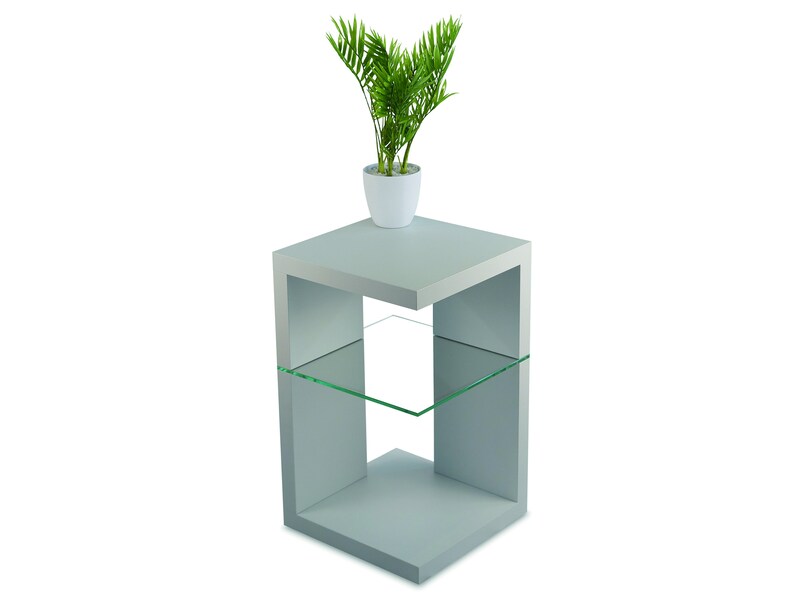 May include: A gray side table with a glass shelf. The table has a square base and a rectangular top. A small potted plant sits on the top of the table.