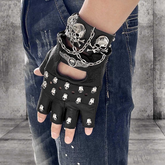 Cool Three Skull Studded Punk Rock Biker Womens Fingerless Leather