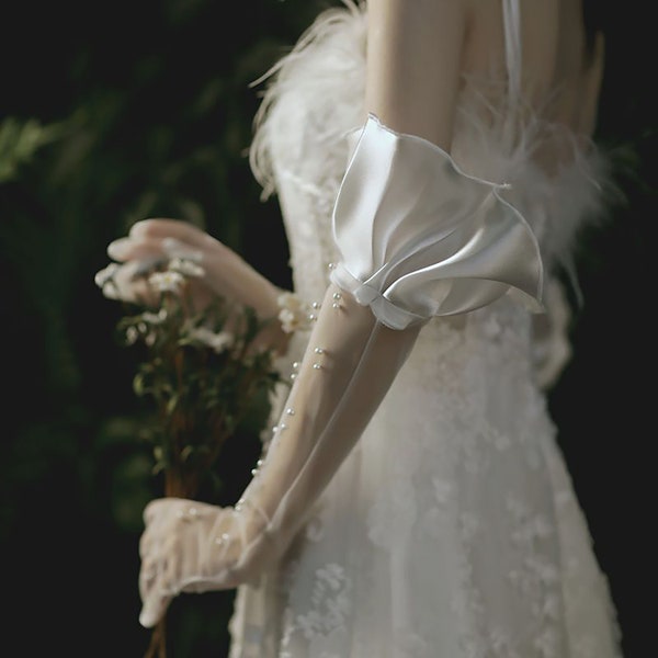Hepburn style mariée robe de mariée créative long tulle dentelle perle volant doigt gants mode