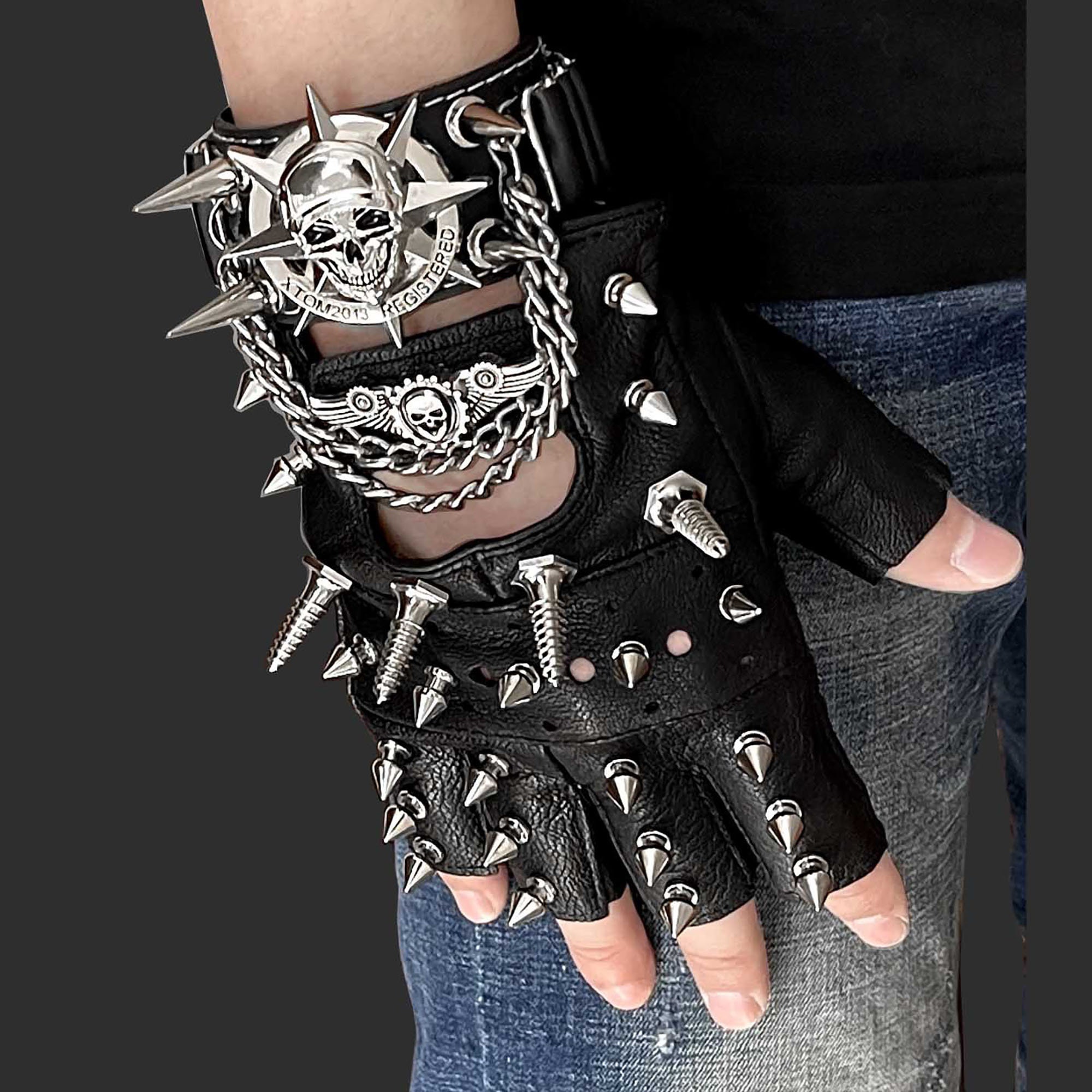 80's Metal - Spiked & Chained Leather Studded Fingerless Gloves