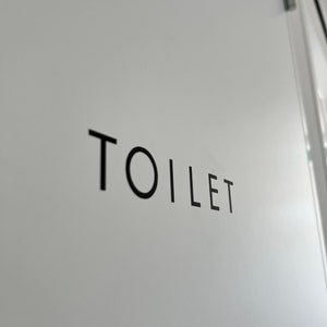 Op de afbeelding: Een witte deur met een zwart "TOILET"-bord.