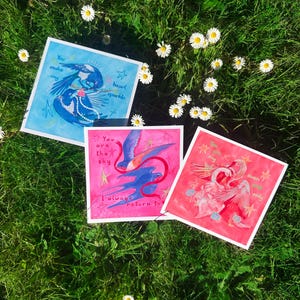 Tarjetas de felicitación o pósteres de pájaros mágicos: personalizables (individual o en juego de 3)