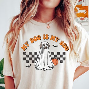 Camisa de Halloween para cachorro com cores confortáveis vintage, camisa fantasma, camisa para cachorro de Halloween, camisa para cachorro fantasma, cachorro fantasma fofo, temporada assustadora, camisa Boo