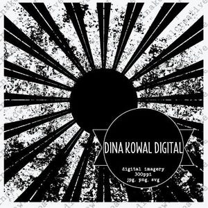 May include: Black and white graphic design with a sunburst pattern and a circle in the center. The text "DINA KOWAL DIGITAL" is in a circle at the bottom of the design. The text "digital imagery 300ppi jpg, png, svg" is below the circle.