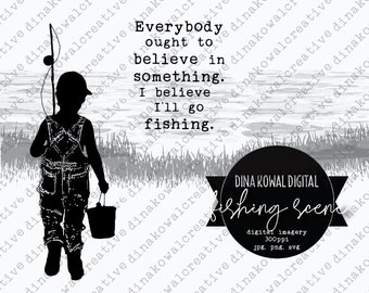 Fishing Scene digital stamp set - 300 ppi - 7 designs including sentiments