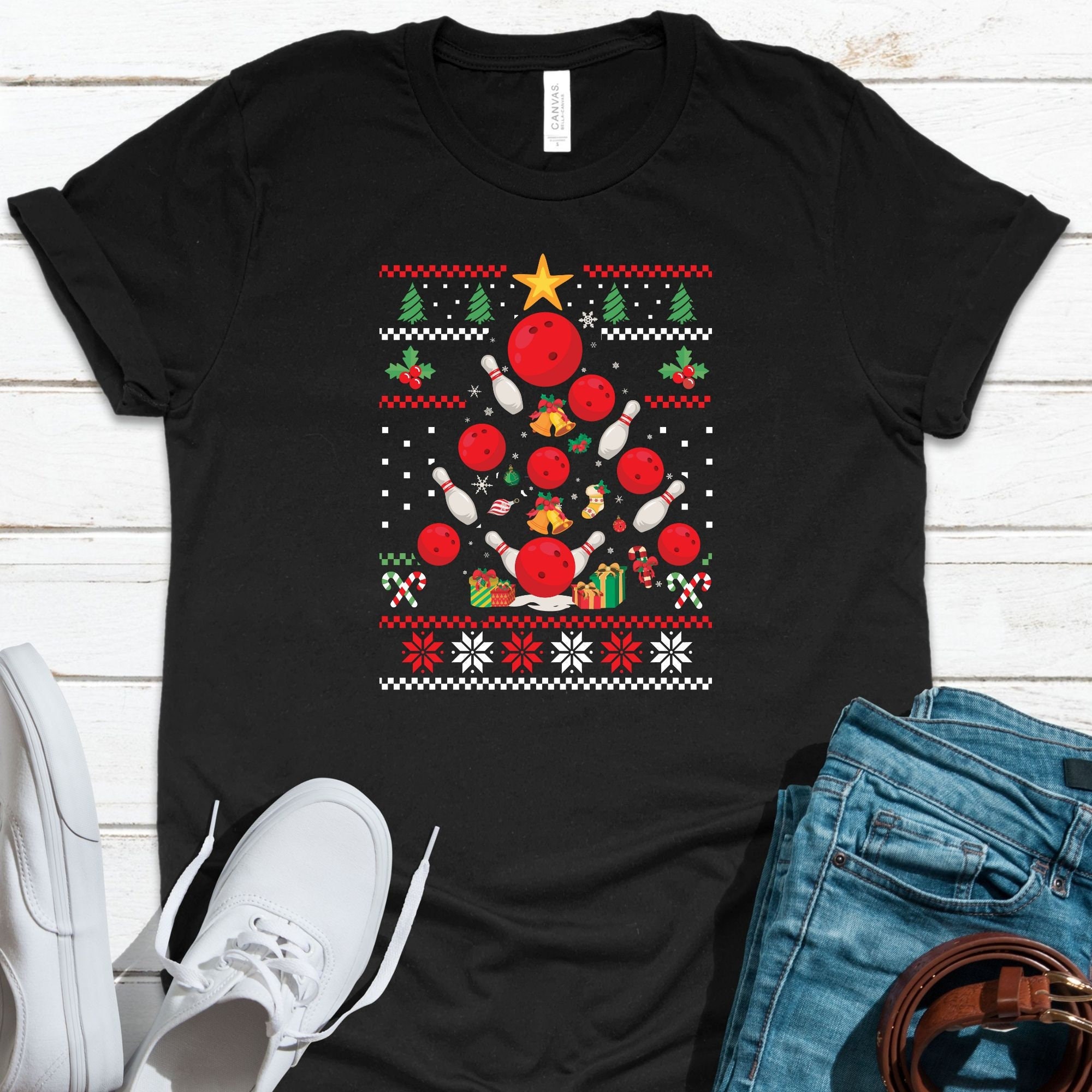 Bowling Christmas Tree Light Ball Santa Hat Bell Cookies Candy  T-Shirt