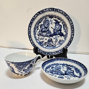 Rare antique  allerton flow blue punch and judy cup and xaucer