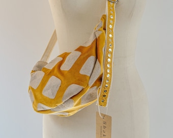 Velvet yellow embroidered bohemain crossbody bag l Large upcycled bum bag l Festival handmade boho purse | Cute shoulder bag