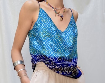 Blue satin blue cami top l Bohemian cute strap blouse l Gift  for woman l Hippie chic style  festival wear