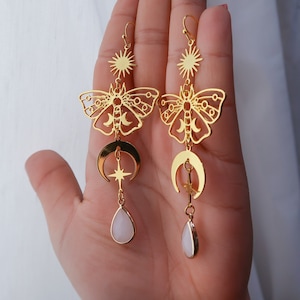Golden Moth Earrings: Celestial Bohemian Dangle Earrings