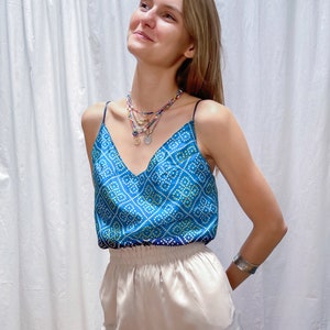 Blue satin blue cami top l Bohemian cute strap blouse l Gift for woman l Hippie chic style festival wear image 2