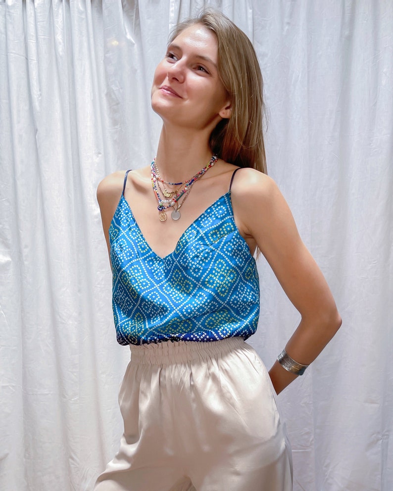 Blue satin blue cami top l Bohemian cute strap blouse l Gift for woman l Hippie chic style festival wear image 2