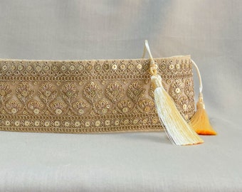 Y771 ヴィンテージ シルク 着物 帯 袋帯 金彩 刺繍 / 唐織 菱形 花