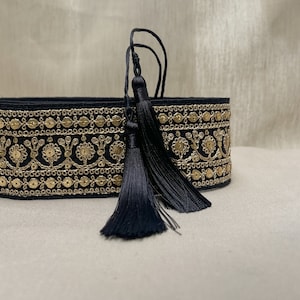 Black and gold belt | Embroidered obi belt | Unique accessories for woman | Boho belt | Festival wear | Handmade accessories