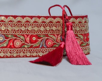 Red and gold belt | Embroidered obi belt | Unique accessories for woman | Boho Festival wear | Gift idea | Moroccan oriental