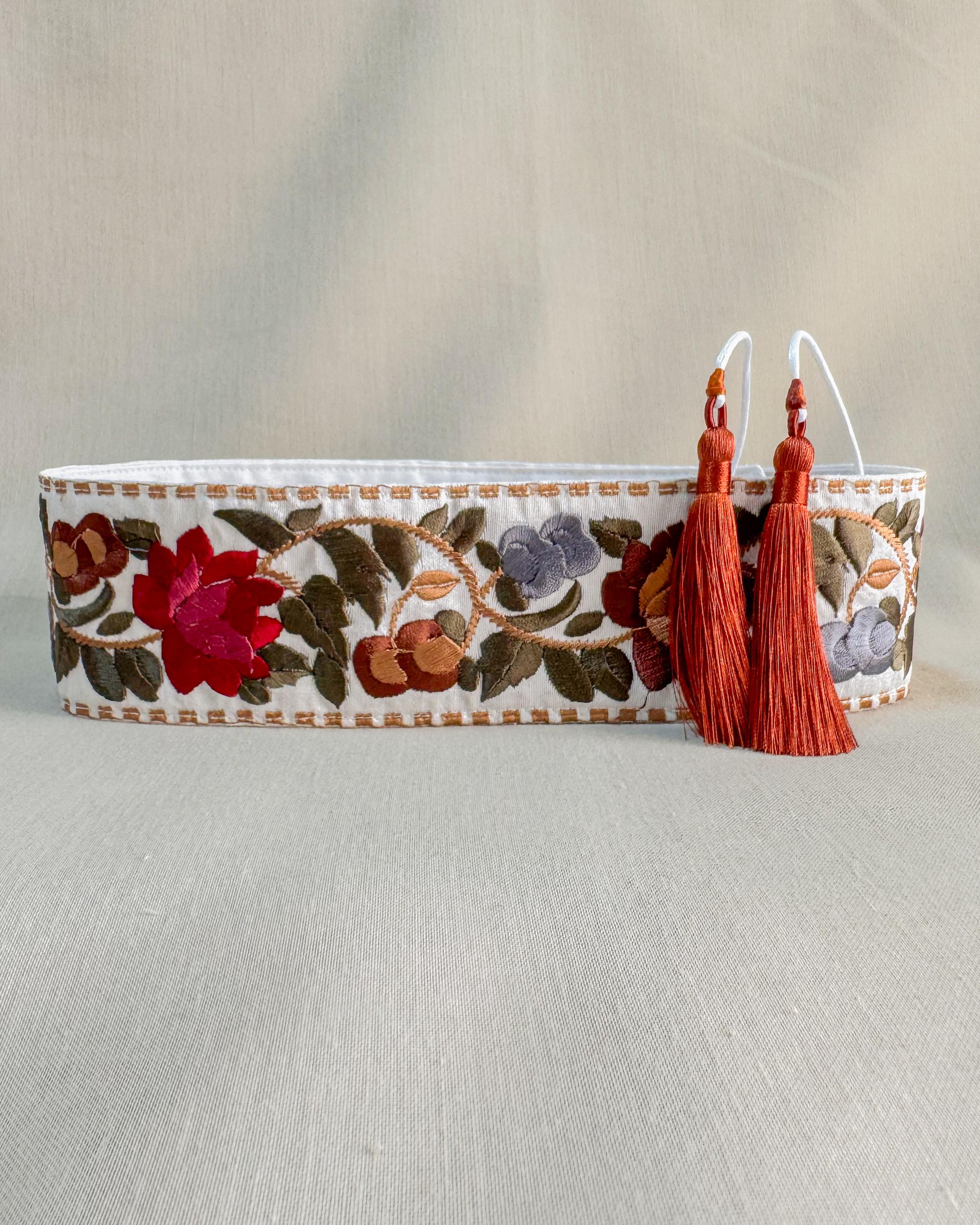 White and Burnt Orange Embroidered Obi Belt | Unique  display picture 2