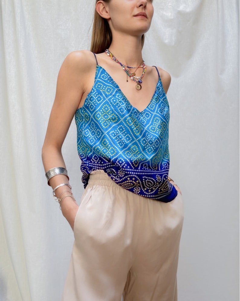 Blue satin blue cami top l Bohemian cute strap blouse l Gift for woman l Hippie chic style festival wear image 1