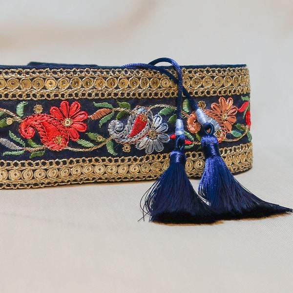 Blue embroidered obi belt | Unique accessories for woman | Boho belt festival wear | Handmade accessories gift ideas