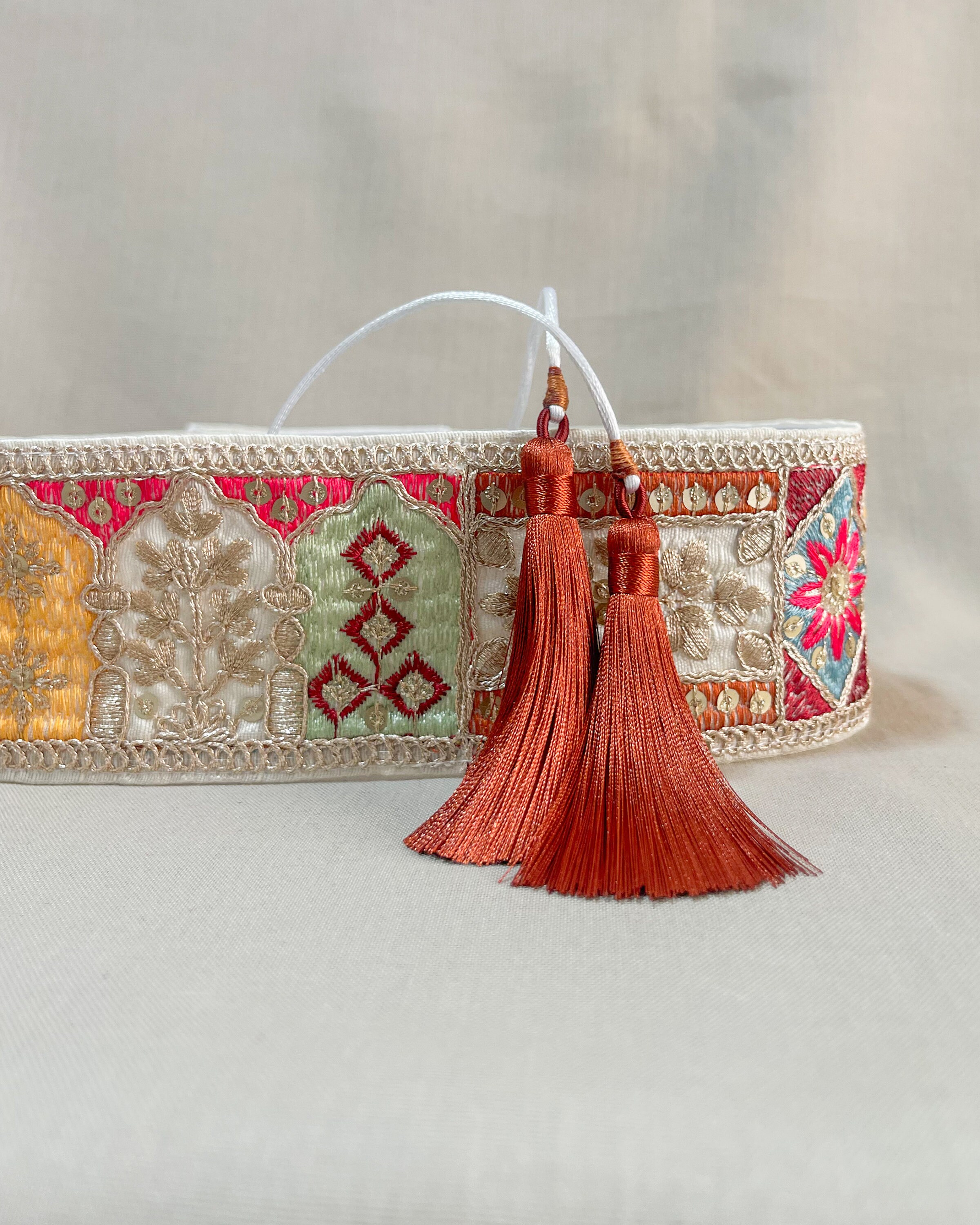 Love Binetti Belt Beaded Embroidery Metallic Burnt Orange Tassel Adjustable Boho Orange Women main image 4